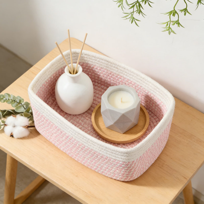 Woven Storage Baskets Set Of 4, Handwoven Cotton Rope Organizer Bins For Shelves, Closet, Desk, And Toy Storage, Decorative Rectangular Baskets For Home Organization