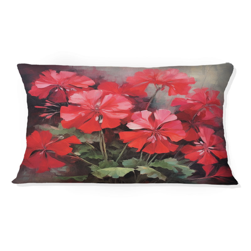 Coussin décoratif imprimé floral rouge vert et géraniums II