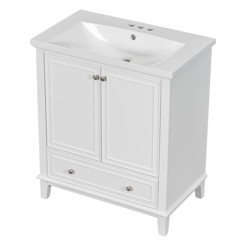 Ensemble de meuble-lavabo 30 po avec lavabo, armoire de salle de bain multifonctionnelle avec portes et tiroir, cadre solide et panneau de fibres à densité moyenne, blanc