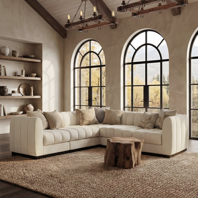 Myrhn 5-Piece Chenille Modular Sectional, Deep Seat L-Shaped Sofa With Solid Wood Base, Beige Chenille