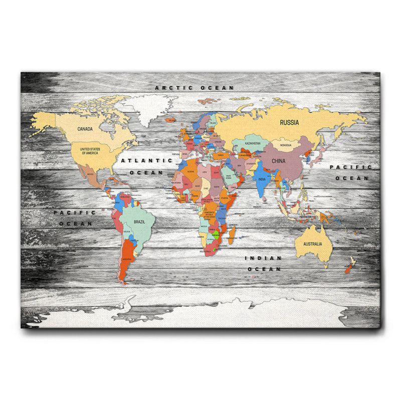 Map Of The World On Grey Wood Boards by Giallobus - No Frame Painting, Plastic/Acrylic, 70cm H x 100cm W