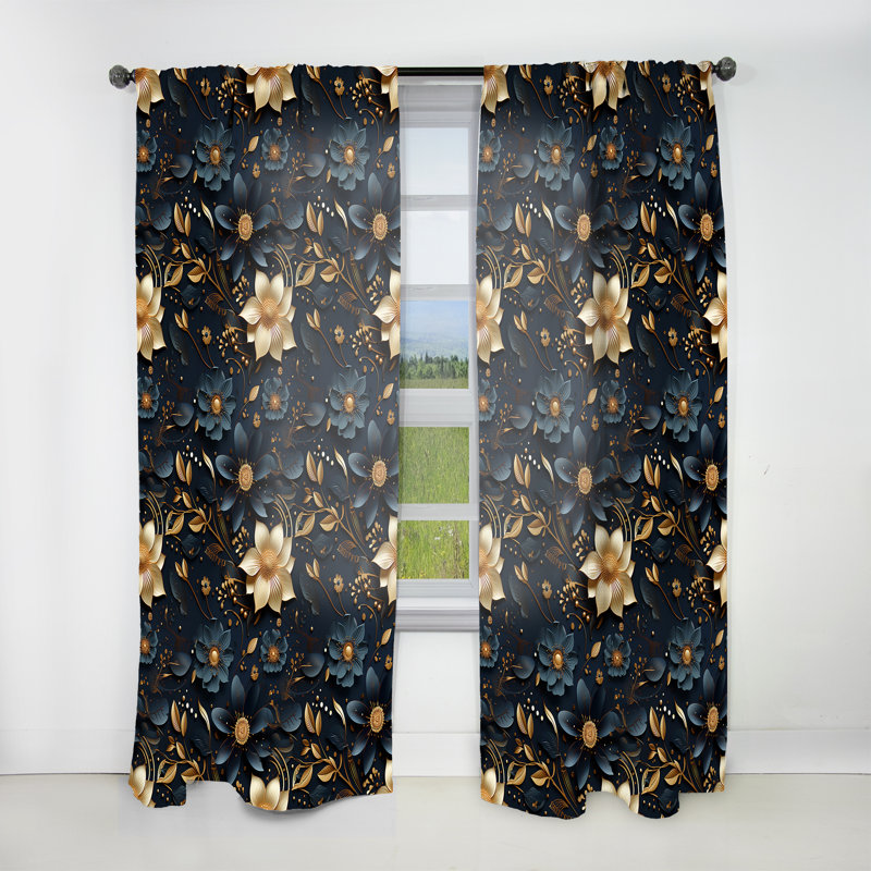 Rideau obscurcissant à motif abstrait plumes bleues et dorées Midnight Blue Charm - 1 panneaux, L 52 po x L 120 po