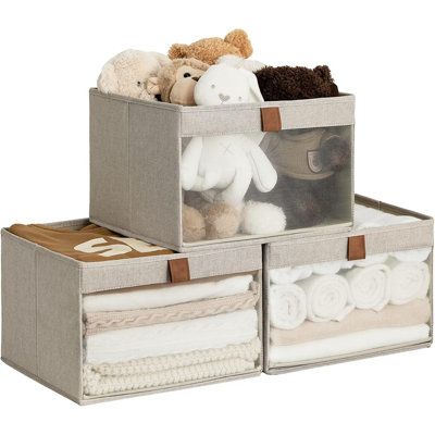 Closet Storage Bins, Large Storage Baskets With Clear Window And Handles, Foldable Fabric Organizer For Clothes, Shelves, Brown And Beige, 3 Pack