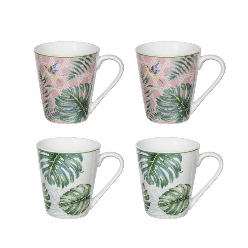 Botanical Ceramic White and Pink 10 oz. Mugs Set of 4
