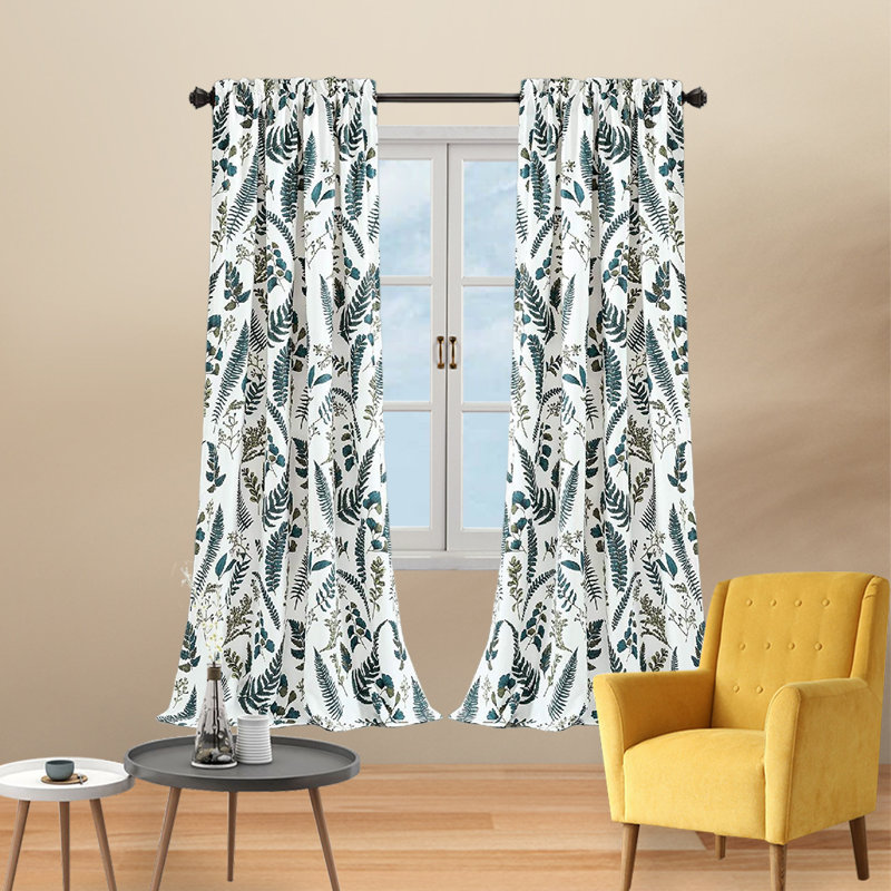 Devonia White and Green Floral Polyester Blackout Curtains