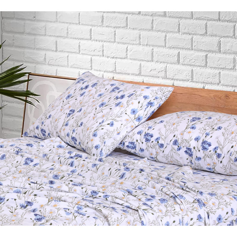 Sweet Pea Blue Floral Cotton Percale Queen Sheet Set