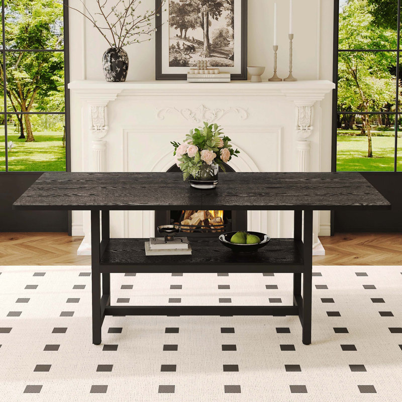 Table de salle à manger 71 po x 35,4 po, plateau en MDF texturé noir avec plateforme de rangement sous la table, Noir