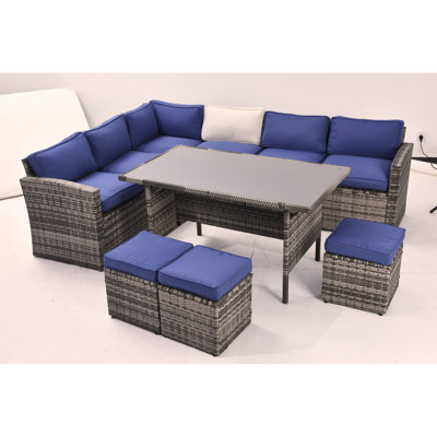 Ensemble de mobilier d'extérieur pour patio, canapé modulaire d'extérieur pour conversation 7 pièces avec table de salle à manger, fauteuils d'angle, repose-pieds, rotin PE toutes saisons et structure en acier, avec dossier et coussins amovibles (gri