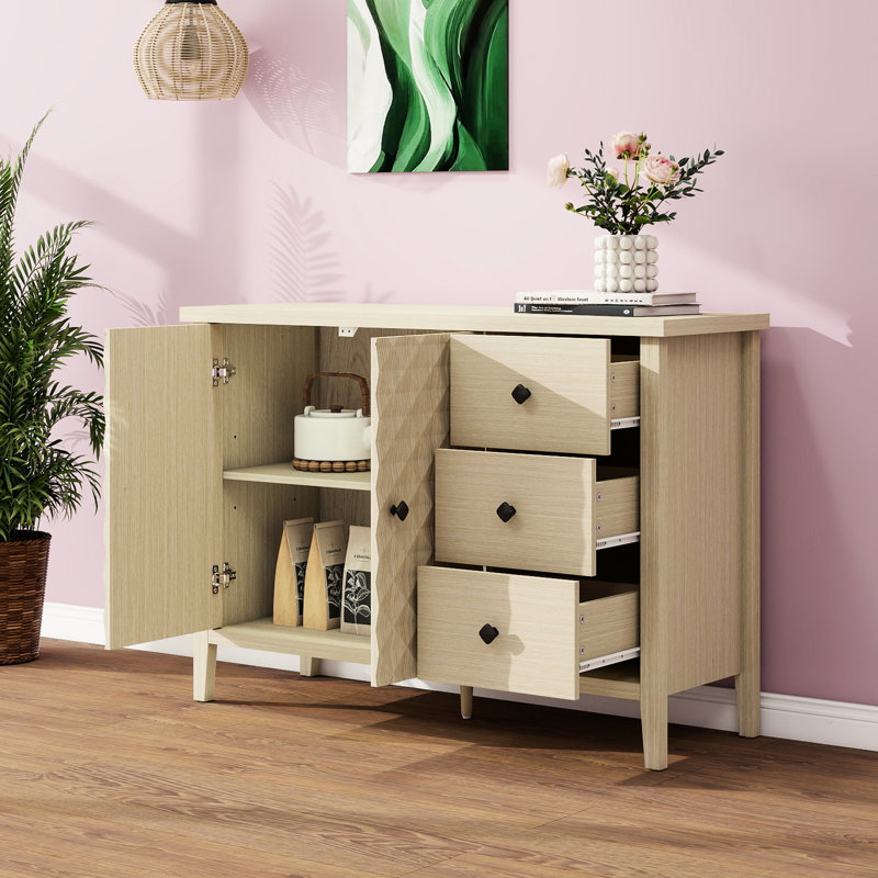 Buffet moderne à 2 portes et 3 tiroirs pour la maison: aspect grain de bois, étagères réglables et armoire de rangement élégante avec glissières de haute qualité, poignées en forme de losange, stratifié