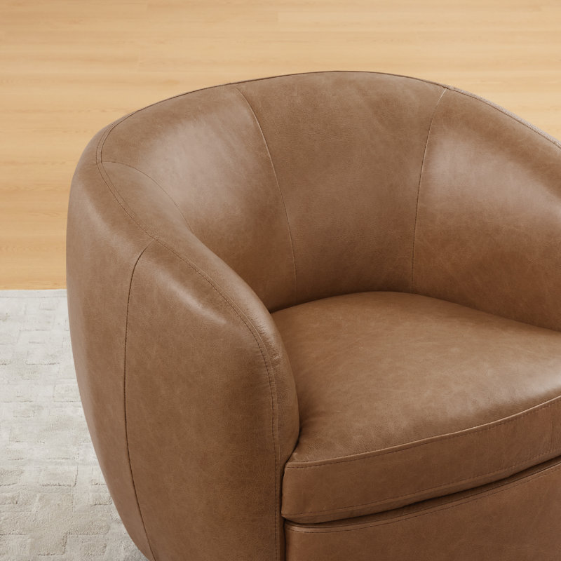 Fauteuil demi-tonneau pivotant en cuir véritable Marcy, Cuir véritable brun de Marseille, Bois espresso