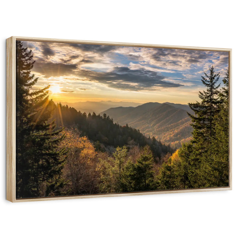 Lever de soleil dans les Smoky Mountains, Cadre flottant en bois naturel, 43 po x 29 po