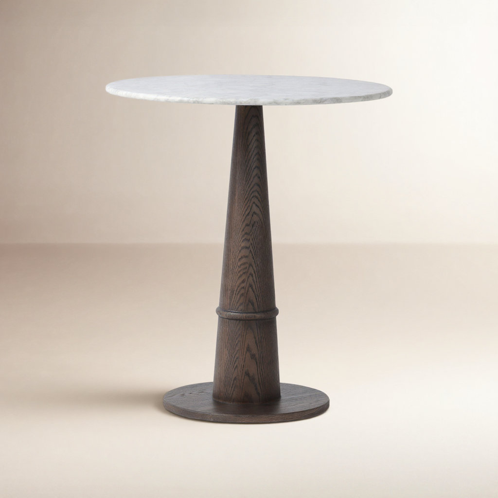 Beverly Oak Dining Table, Honed White Marble/Brown Oak, 36.5" H x 32" L x 32" W