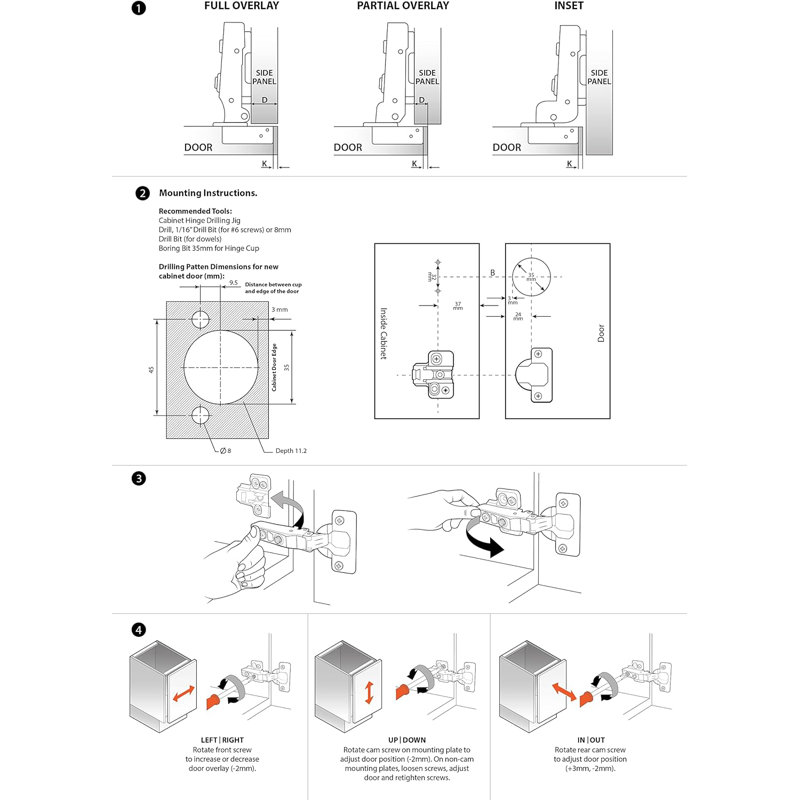 Paquet de 4 charnières à fermeture en demi-couche pour armoires de cuisine (charnière de porte d'armoire dissimulée sans cadre -105 °)