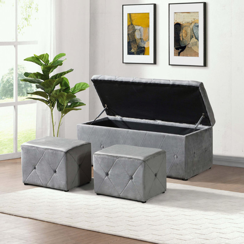3-Piece Velvet Storage Ottoman Set,1 Rectangular Bench & 2 Small Stools