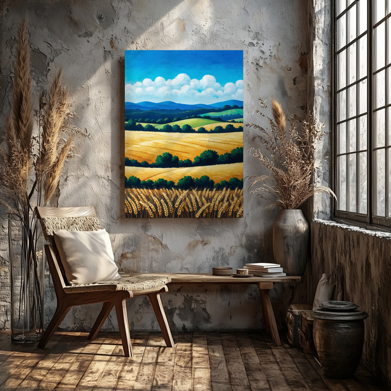Toile, "Un paysage serein" avec de grands champs de blé doré se balançant délicatement, H 24 po x l 18 po