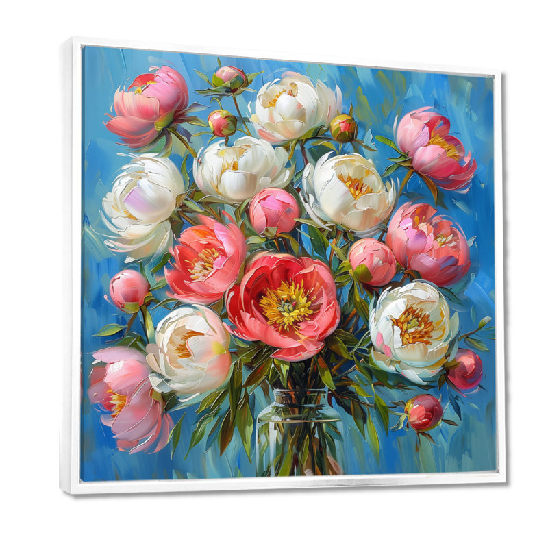 Radiant Bouquet - pivoines, impression d'art mural, H 16 po x l 16 po, Cadre blanc