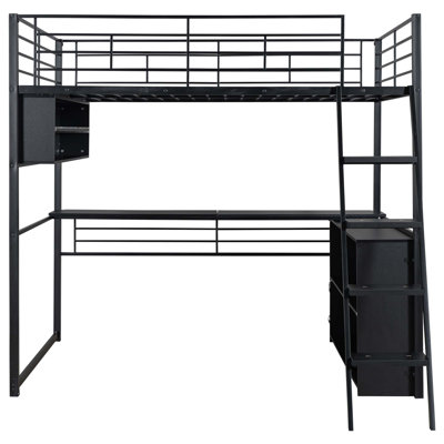 Lit mezzanine en métal avec DEL, bureau et 4 tablettes de rangement