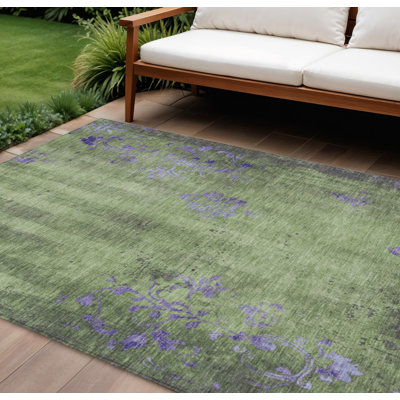Tapis intérieur/extérieur lavable à motif floral vert artichaut et violet, 2,74 m x 3,66 m