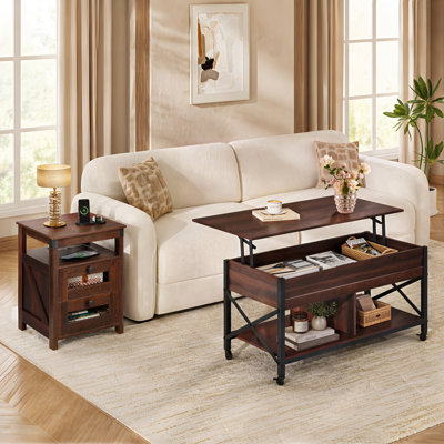 2-Piece Living Room Table Set with Lift-Top Coffee Table and Charging Side Table, Hidden Storage, Drawers, USB Ports and Power Outlets, Rustic Brown