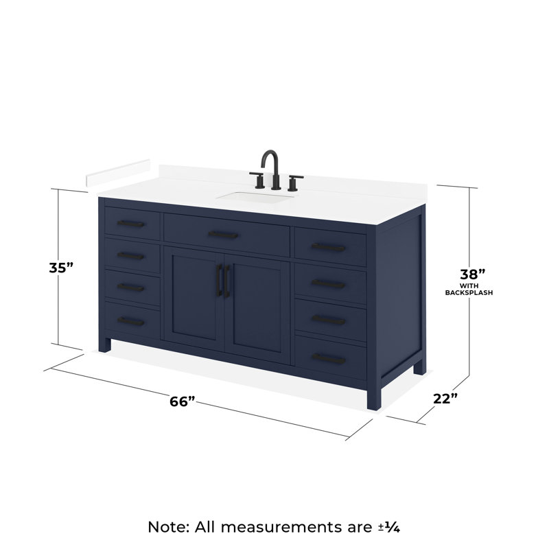 Ensemble de meuble-lavabo simple 66 po Beckett, Dark Blue with Matte Black Trim, Comptoir en marbre de culture blanc