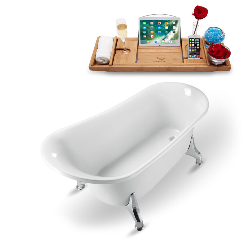 Baignoire de trempage sur pieds 59 "avec drain, pattes et plateau en bambou 59" Streamline, Chrome poli, Chrome poli