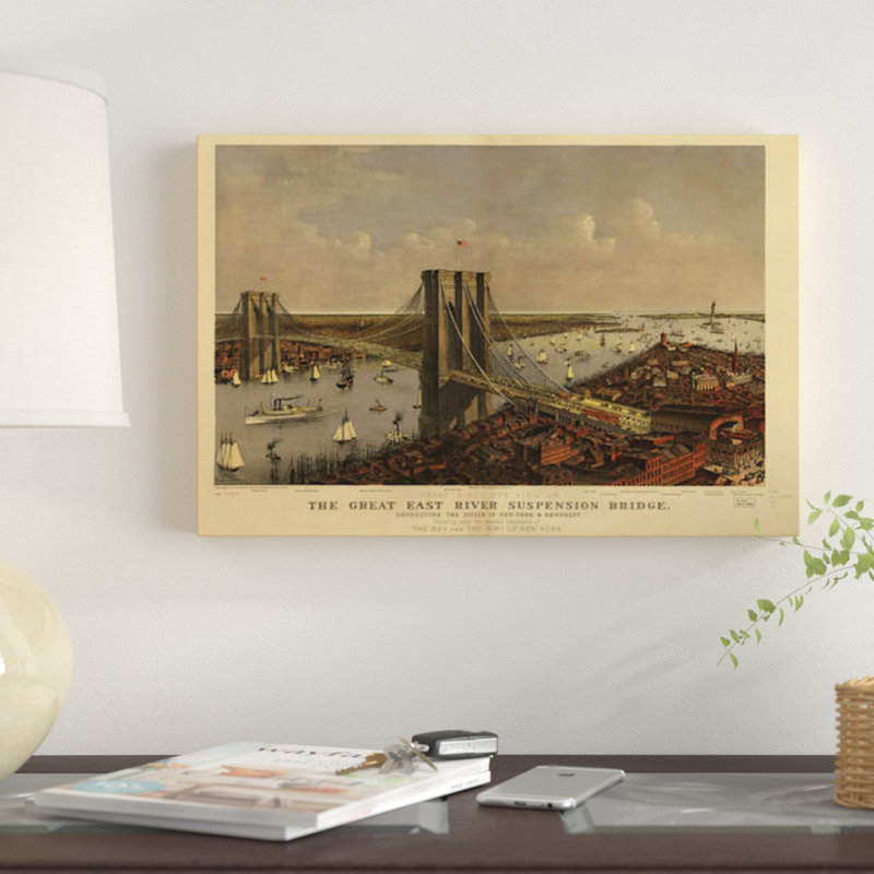 Impression sur toile, pont de Brooklyn, vue d'oiseau, 1885, H 8 po x l 12 po x P 0,75 po, Toile tendue, Pas de tapis