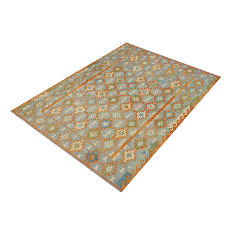 Tapis orange / bleu / jaune à motif géométrique en laine tissé à plat 8 pi 1 po x 11 pi 2 po Orrwell