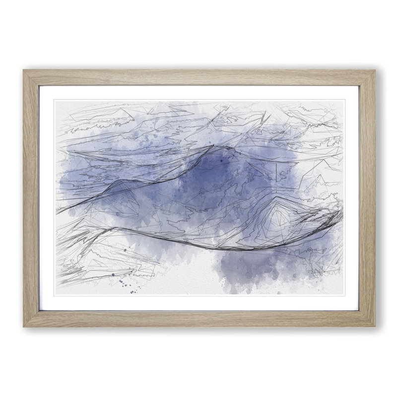 Purple & Blue Mountain Tops Sketch - Picture Frame Graphic Art Print, 36cm H x 48cm W x 2cm D, Oak Framed