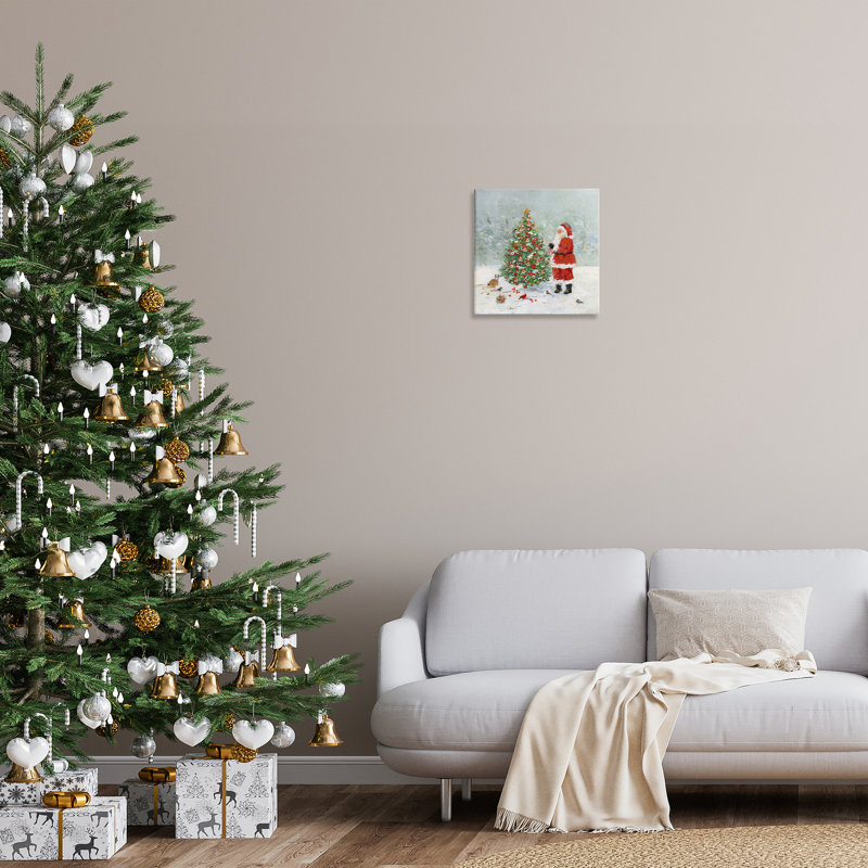 «Santa with Birdhouse Tree», art mural sur toile par Sally Swatland, H 17 po x l 17 po