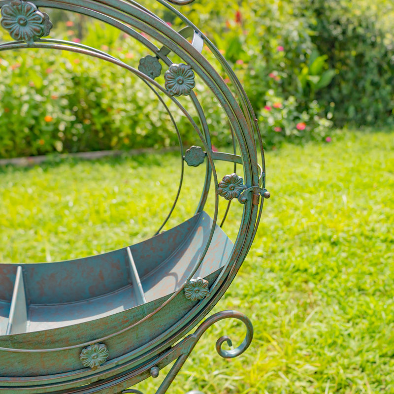 Ensemble de 2 grandes jardinières rondes en métal avec plateaux amovibles décoration de jardin, Vert antique