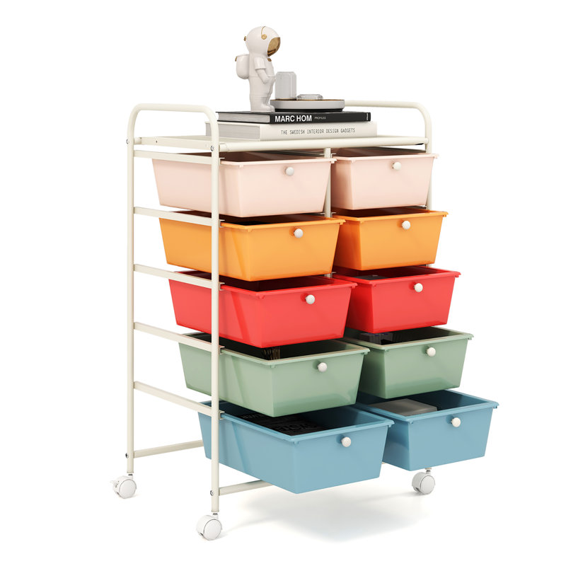 Milin 10 Drawer Storage Drawer with Locking Wheels, Blue/Green/Red