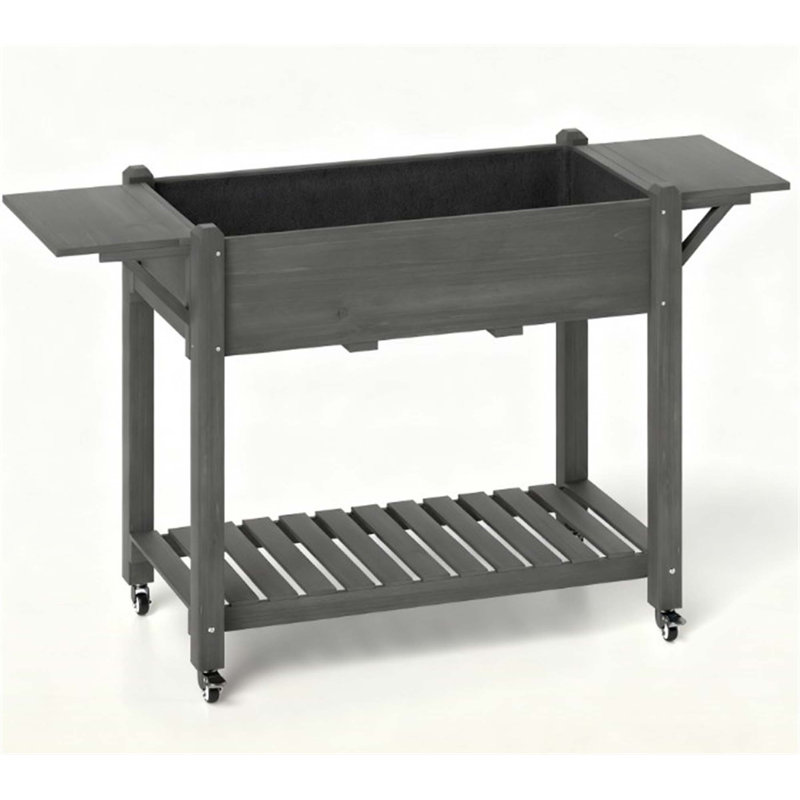 Elevated Garden Bed,Wood Raised Planter Box,With Lockable Wheels,Side Tables,Bottom Shelf,Drain Holes, Gray
