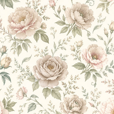 Peel and Stick Wallpaper Vintage Floral Seamless Soft Beige Blush Pink Peonies Roses Botanical Contact Paper Removable Self Adhesive Wall Mural Wall Decor for Bedroom Kitchen Cabinets 24in x 118in