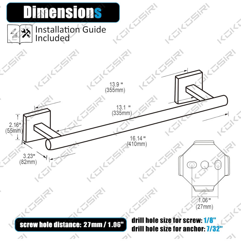 Barre à serviettes de salle de bain 16 pouces noir mat