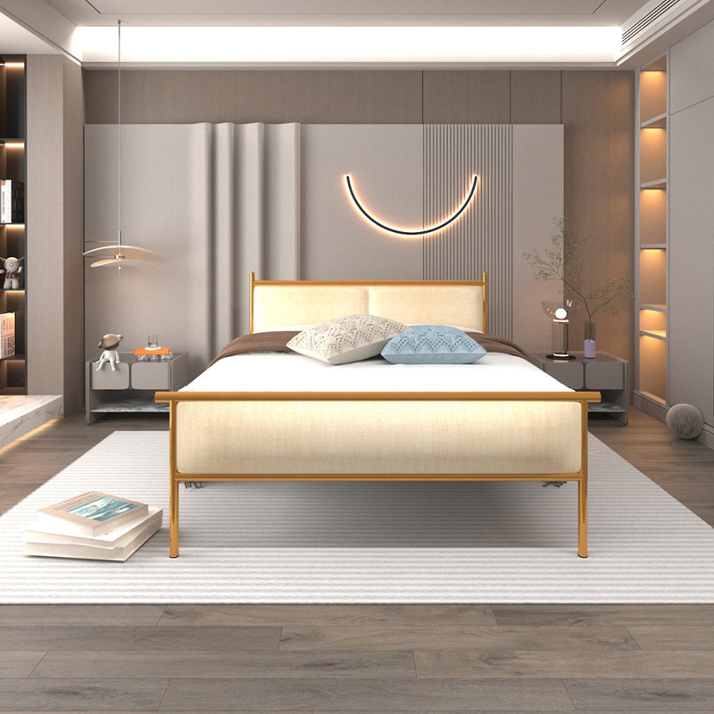 Lit plateforme tapissier en bois massif Rickmansworth, Double, Beige / Jaune