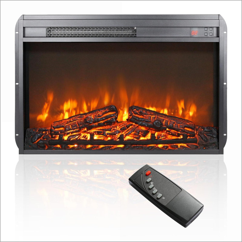 Foyer électrique encastrable, 26 po traditionnel avec flamme réaliste, ensemble de bûches, télécommande | Noir antique | Verre trempé + tôle + plastique