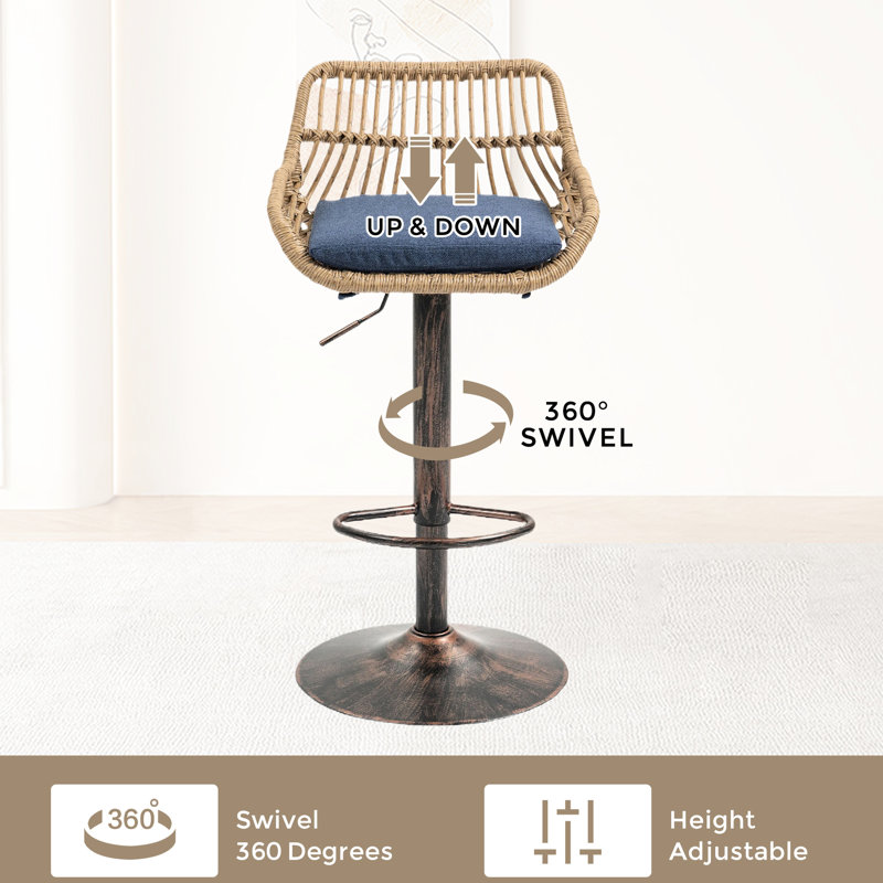 Tabourets réglables à hauteur de comptoir de 2, lin bleu avec repose-pieds pour la décoration de la maison, chaises de cuisine 2 pièces, espace rembourré