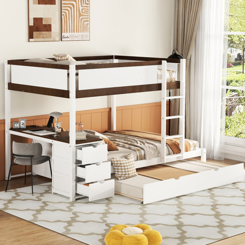 Lit superposé blanc + noyer avec lit gigogne simple, bureau fonctionnel, rangement et prises de courant - Blanc + noyer