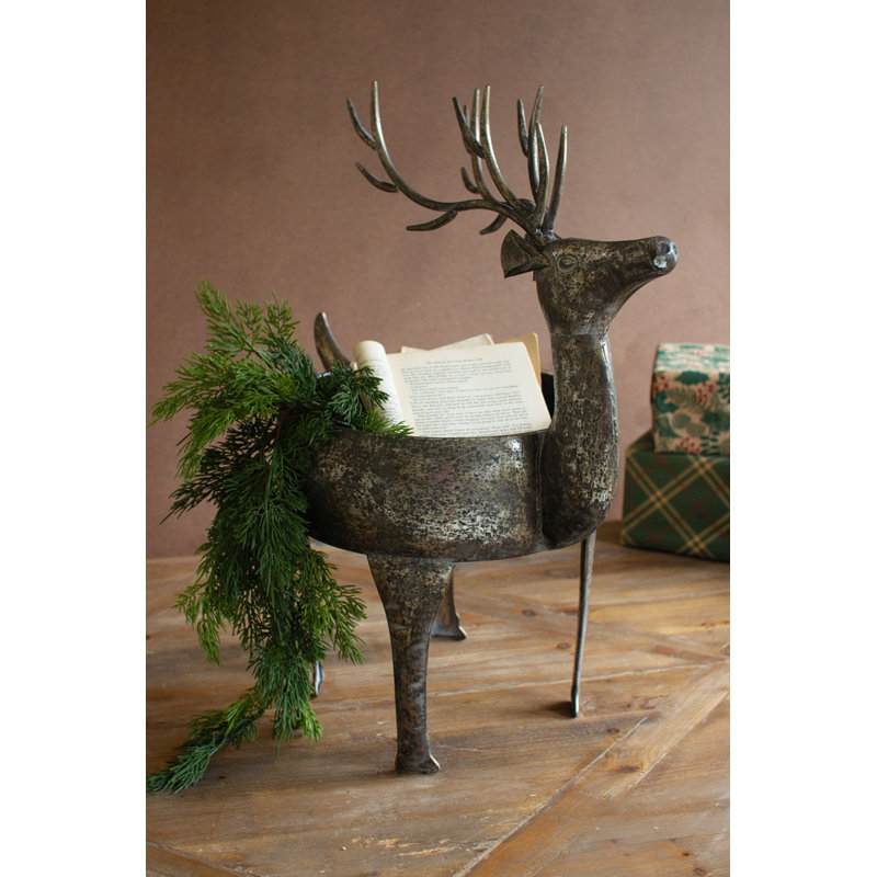  Jardinière en métal avec renne H 24 po - Finition rustique vieillie - Décoration des Fêtes