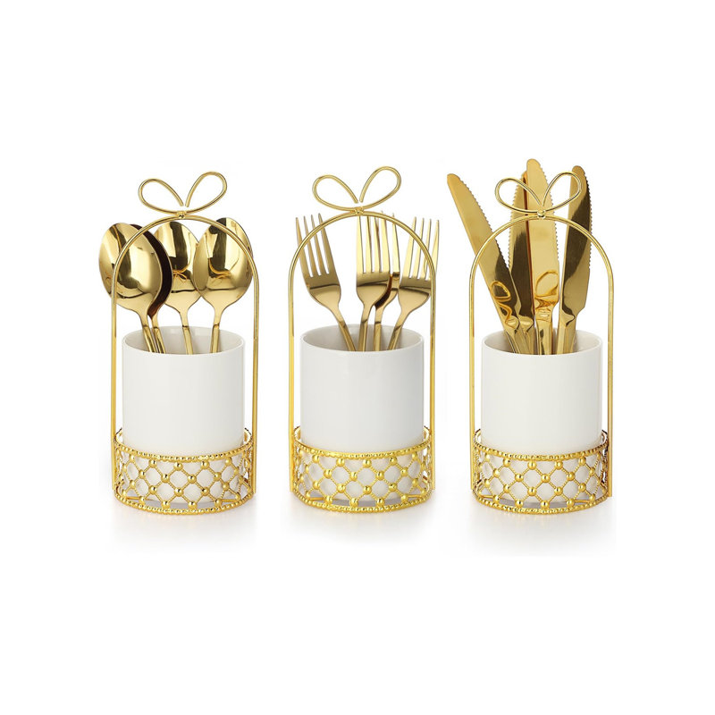 3Pcs Utensil Crocks Flatware Organizer, Coffee Spoon Dessert Fork Holder,White And Gold