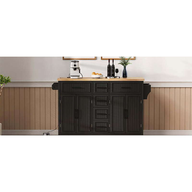 K&K 56.5'' Kitchen Island with Drop Leaf, Power Outlet, Embossed Vertical Stripe Rolling Kitchen Cart on Wheels with 4 Doors , 5 Deep Drawers and Adjustable Shelves, for Kitchen, Dining Room, Black