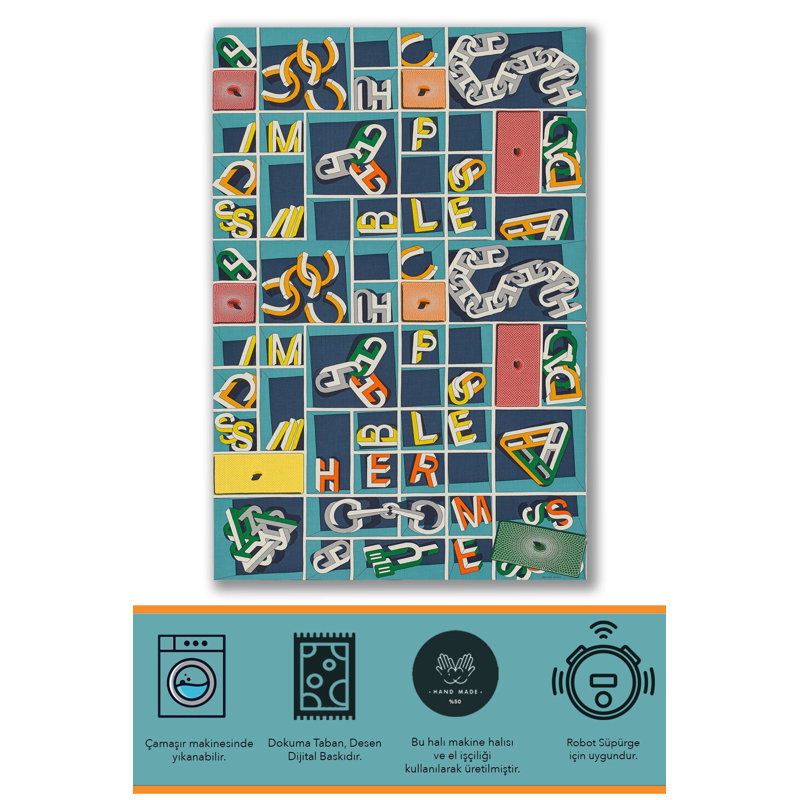 Tapis décoratif tissé multicolore à imprimé lettre, Tapis de couloir 3 pi 3,37 po x 9 pi 10,11 po