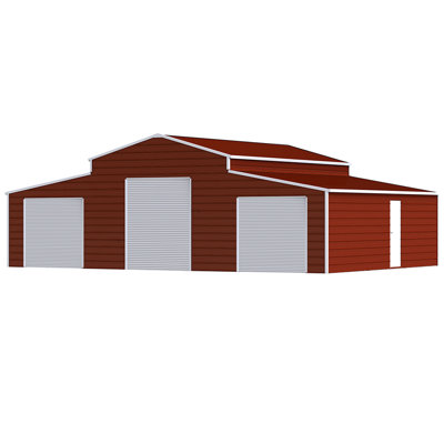 Heavy-duty 42ft X 30ft Metal Storage Shed With Weather- Capability, 14 Galvanized Steel, 26 Panels, Three Rolling Doors, Side Entrance, Window For Ventilation, Red Rust- Finish, 1260 Sq.ft Vehicle
