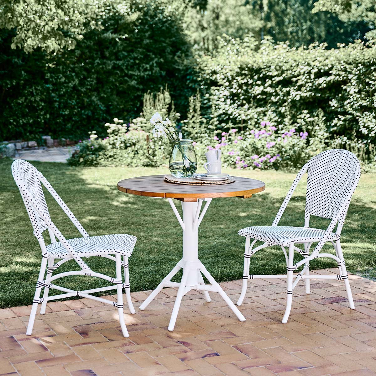 Sofie Stackable Patio Side Chair, White with Cappuccino Dots