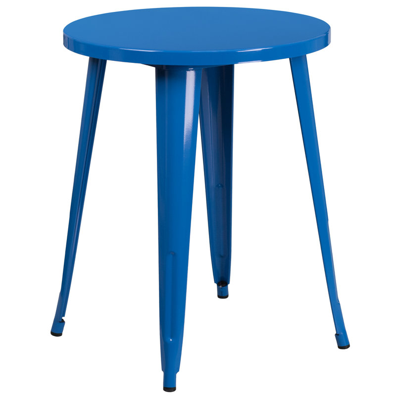 Duluth 30'' Round Metal Indoor-Outdoor Table Set with 2 Arm Chairs, Blue, 29" H x 24" W x 24" L