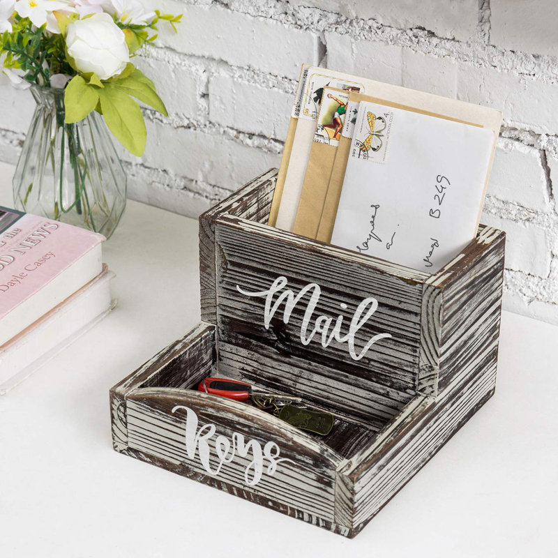 Rustic Torched Wood Mail Holder And Key Organizer Entryway Storage Tray With Cursive Mail And Keys Word Design