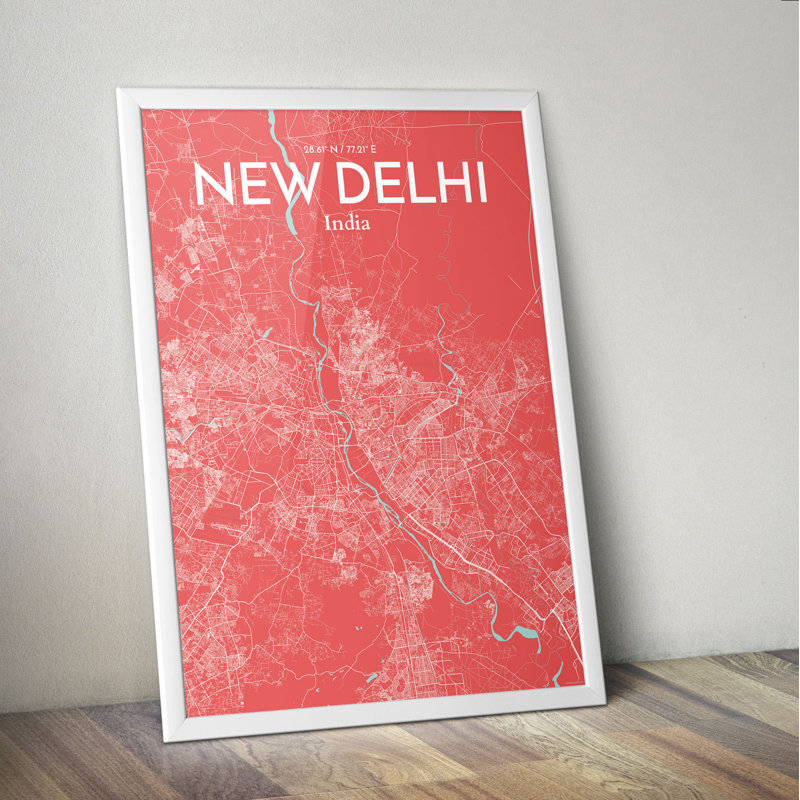 New Delhi City Map - Unframed Graphic Art Print on Paper, 50.8cm H x 40.6cm W x 0.13cm D, Pink
