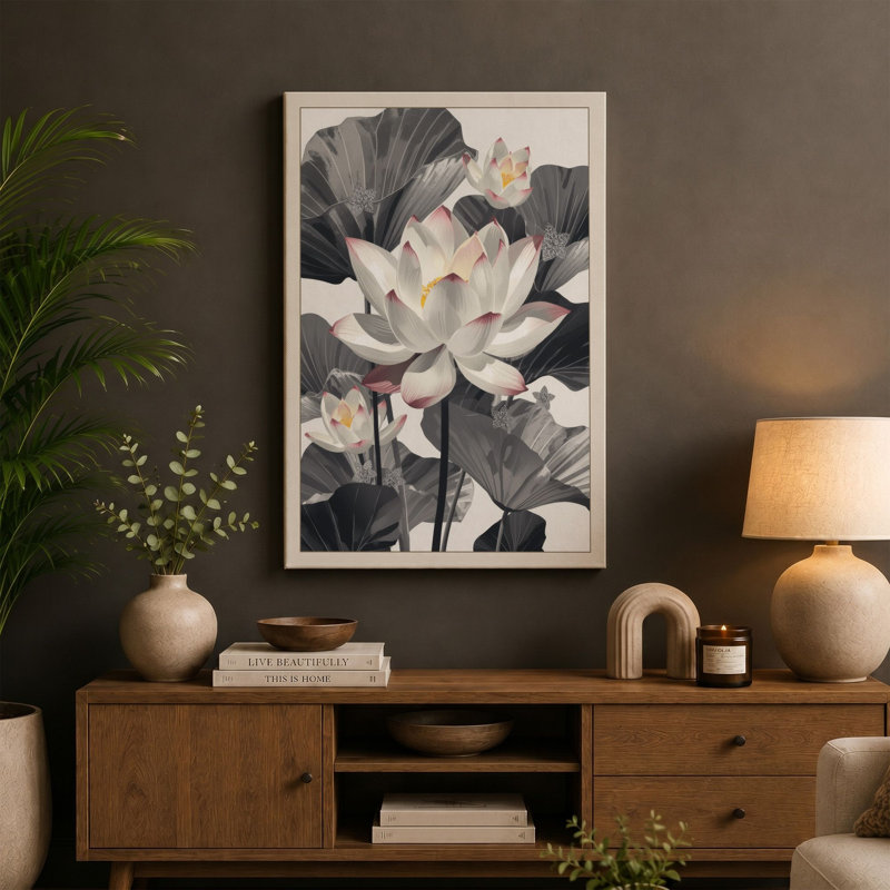 Luminous Lotus Botanical - Wrapped Canvas, 30x20 - 76.2 x 50.8 cm, Black Border