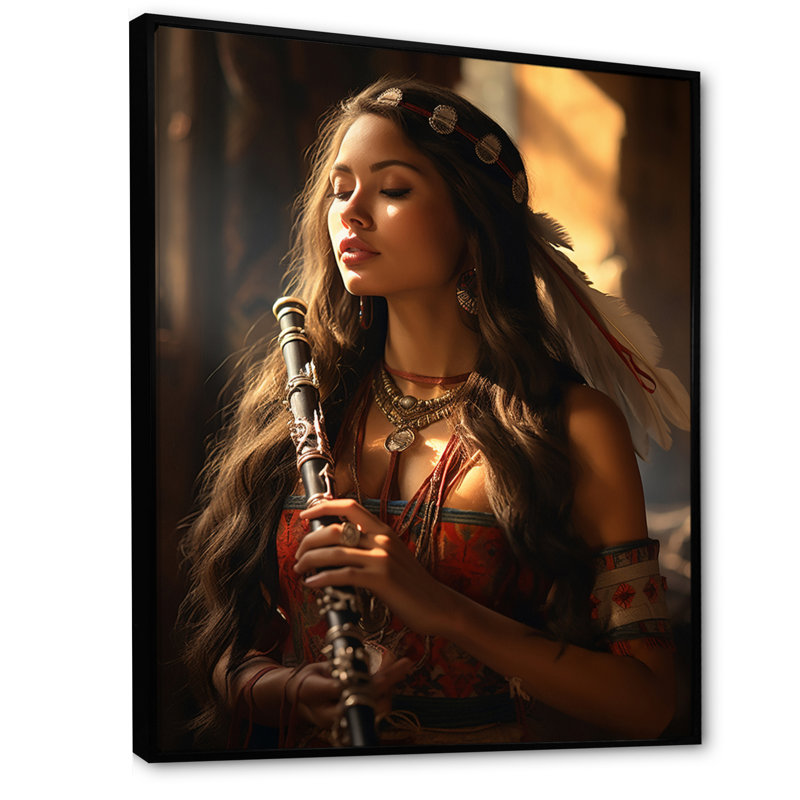 Bratu Native Art Soulful Flute - impression, Cadre flottant noir, H 20 po x l 12 po x P 1 po