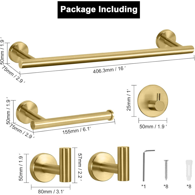 5-Piece Bathroom Hardware Set, SUS 304 Stainless Steel Towel Bar Set With 16-Inch Towel Rod, Toilet Paper Holder And 3 Multi-Functional Hooks